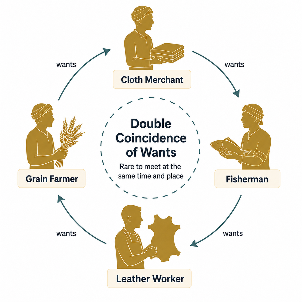 Diagram of four traders in a closed loop who each want what the next one has, but rarely meet at the right moment