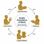 Diagram of four traders in a closed loop who each want what the next one has, but rarely meet at the right moment