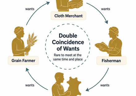 Diagram of four traders in a closed loop who each want what the next one has, but rarely meet at the right moment