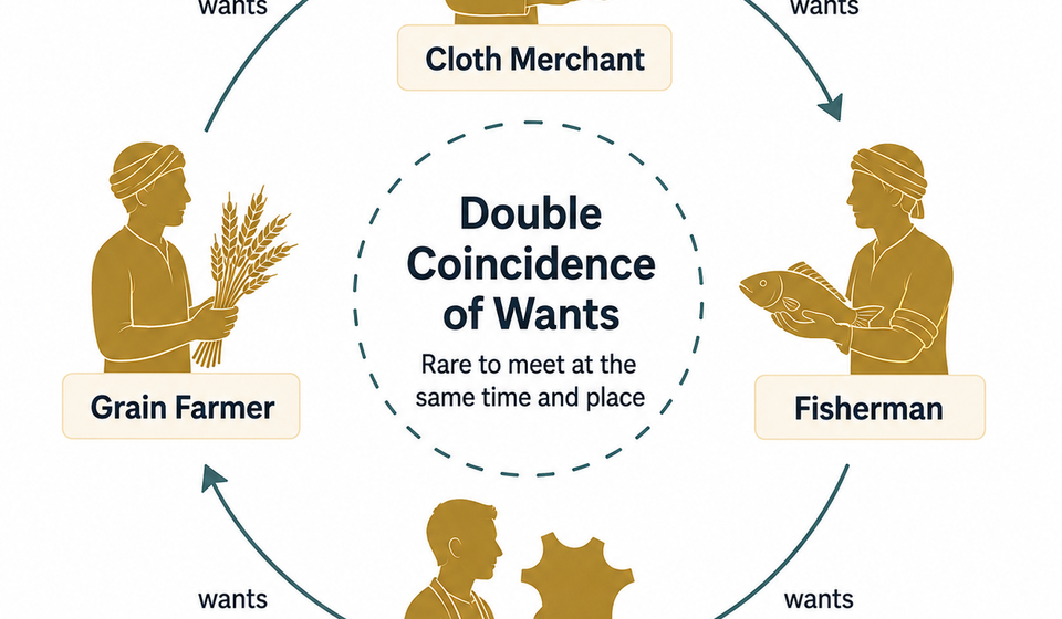 Diagram of four traders in a closed loop who each want what the next one has, but rarely meet at the right moment