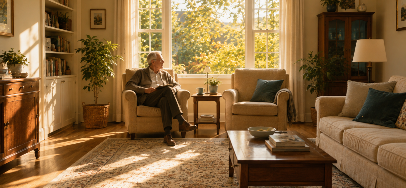 A warm, sunlit multi-generational household scene, evoking the eldercare tech gap's real-world stakes.