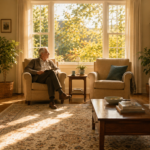 A warm, sunlit multi-generational household scene, evoking the eldercare tech gap's real-world stakes.