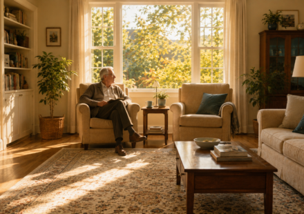 A warm, sunlit multi-generational household scene, evoking the eldercare tech gap's real-world stakes.