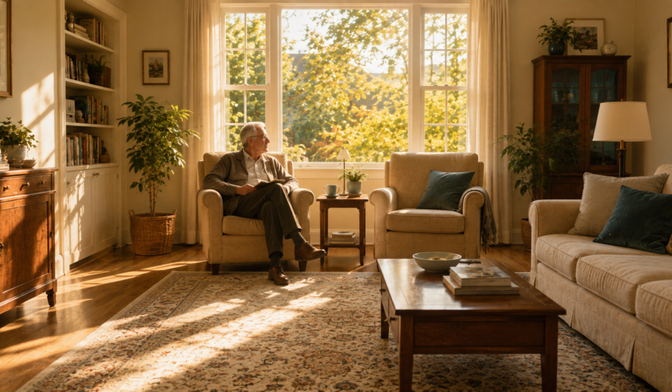 A warm, sunlit multi-generational household scene, evoking the eldercare tech gap's real-world stakes.