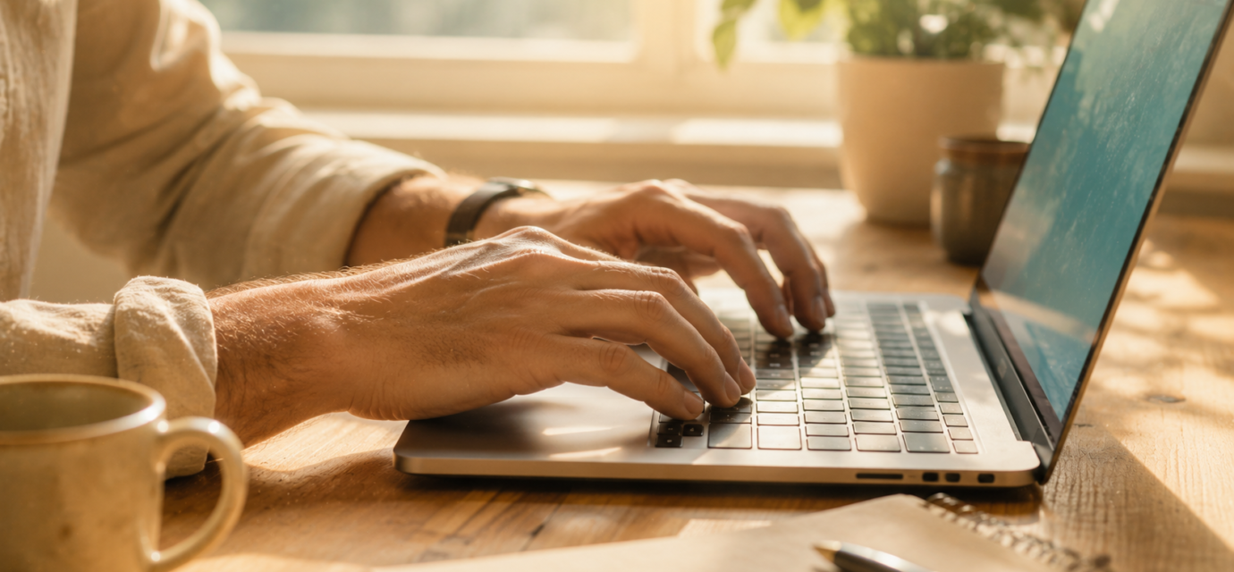 A pair of hands typing at a bright, sunlit desk, grounding AI's abstract impact in an ordinary daytime human moment.