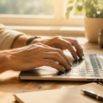 A pair of hands typing at a bright, sunlit desk, grounding AI's abstract impact in an ordinary daytime human moment.