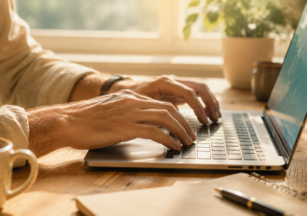 A pair of hands typing at a bright, sunlit desk, grounding AI's abstract impact in an ordinary daytime human moment.