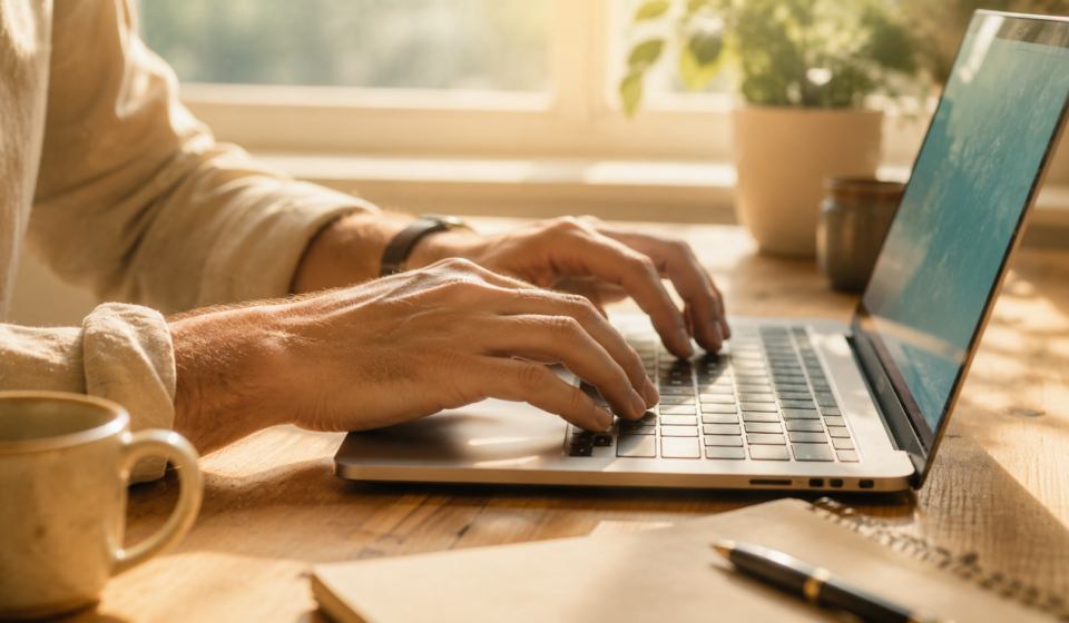 A pair of hands typing at a bright, sunlit desk, grounding AI's abstract impact in an ordinary daytime human moment.
