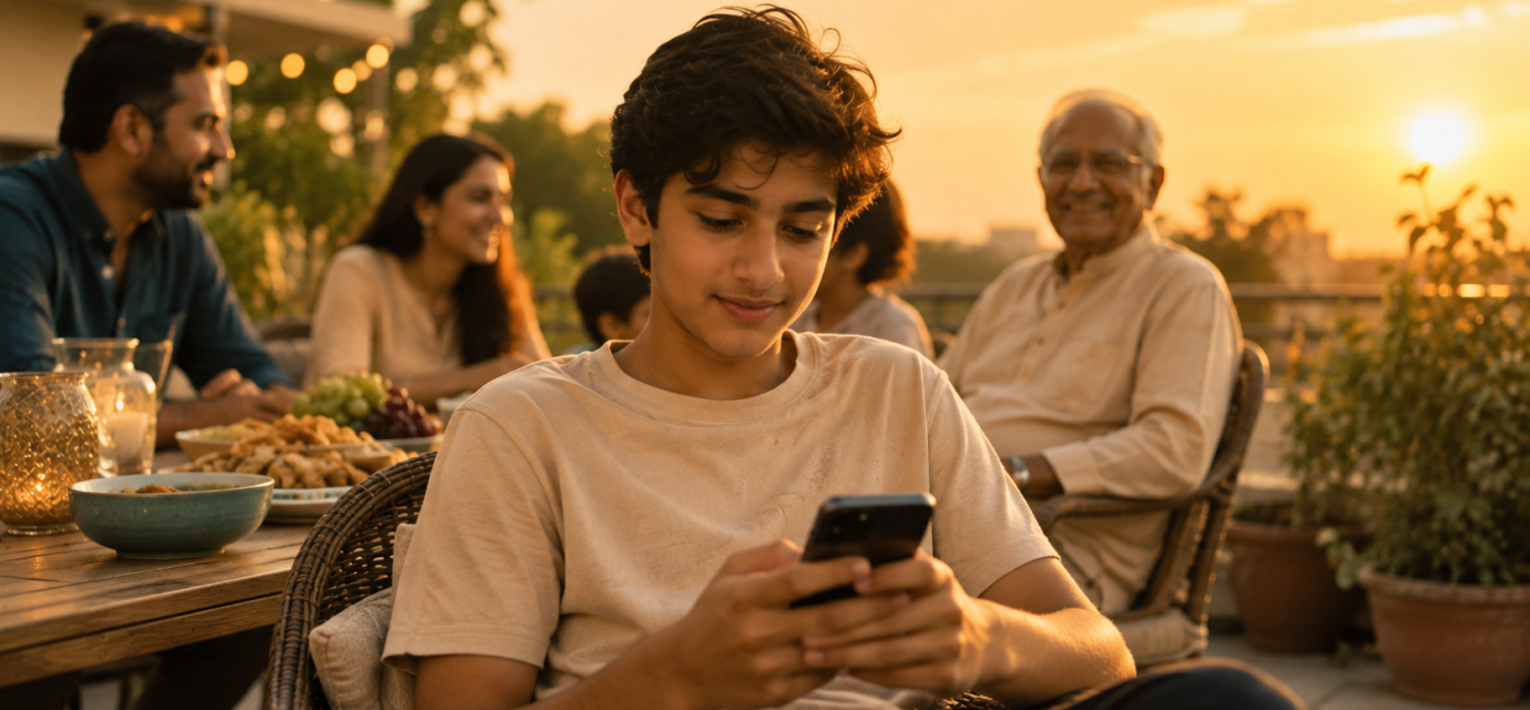 A family gathering at golden hour, a teenager on a phone in the foreground and an older relative in the background, touching the Digital Native and Longevity phases in one bright frame.