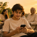 A family gathering at golden hour, a teenager on a phone in the foreground and an older relative in the background, touching the Digital Native and Longevity phases in one bright frame.
