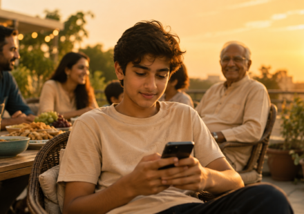 A family gathering at golden hour, a teenager on a phone in the foreground and an older relative in the background, touching the Digital Native and Longevity phases in one bright frame.