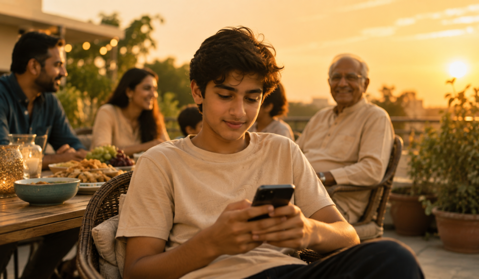 A family gathering at golden hour, a teenager on a phone in the foreground and an older relative in the background, touching the Digital Native and Longevity phases in one bright frame.