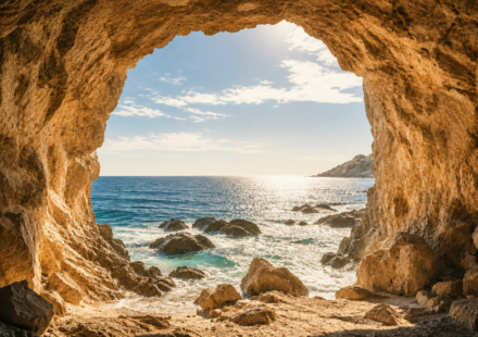 A sunlit coastal cave mouth overlooking the ocean, evoking the Blombos Cave site where the 73,000-year-old ochre marking was found