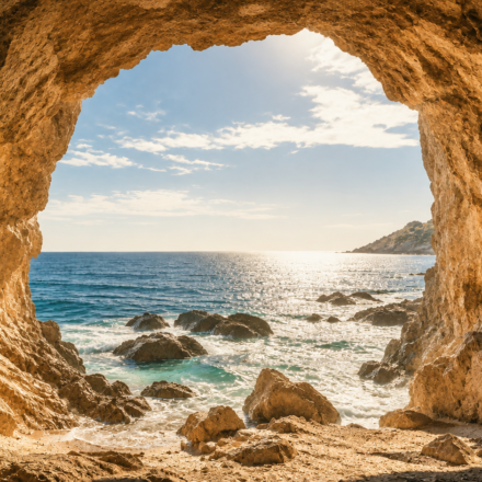 A sunlit coastal cave mouth overlooking the ocean, evoking the Blombos Cave site where the 73,000-year-old ochre marking was found