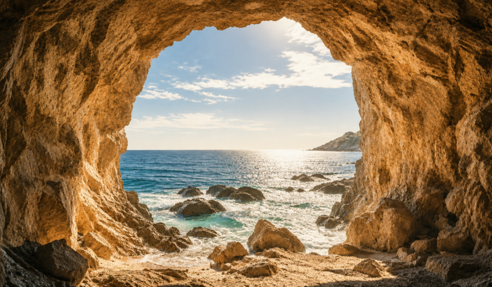 A sunlit coastal cave mouth overlooking the ocean, evoking the Blombos Cave site where the 73,000-year-old ochre marking was found