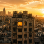 A city skyline at golden hour with one lit apartment window visible, evoking the housing-conference weekend that led to Airbnb's founding.