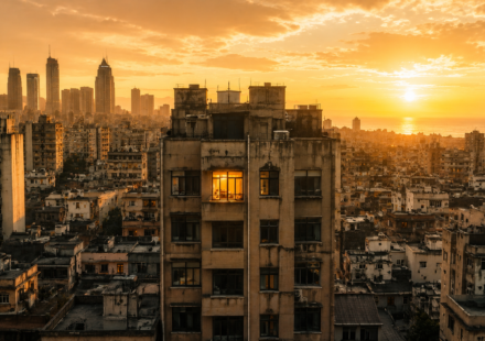 A city skyline at golden hour with one lit apartment window visible, evoking the housing-conference weekend that led to Airbnb's founding.