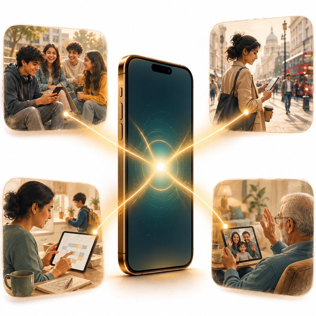 Conceptual illustration of one smartphone reflecting four different life stages of its owner