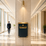 A bright, sunlit corporate hallway with a wall-mounted suggestion box, evoking the internal idea that became Amazon Prime.
