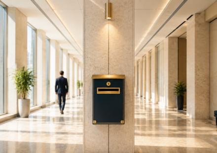 A bright, sunlit corporate hallway with a wall-mounted suggestion box, evoking the internal idea that became Amazon Prime.