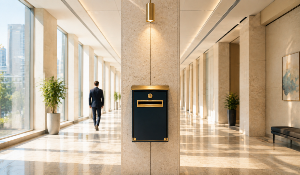 A bright, sunlit corporate hallway with a wall-mounted suggestion box, evoking the internal idea that became Amazon Prime.