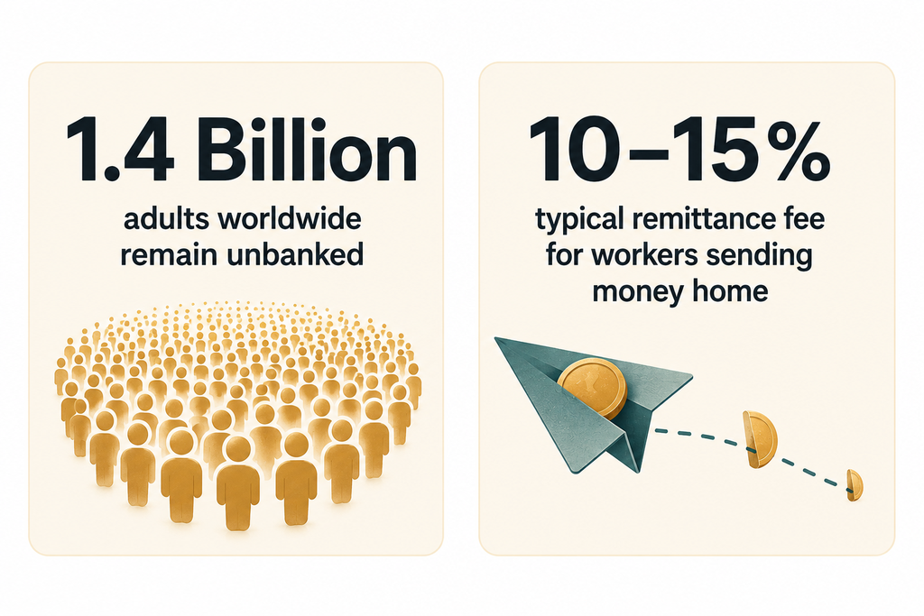 Infographic showing 1.4 billion unbanked adults worldwide and remittance fees of 10 to 15 percent