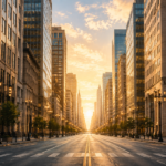 An empty financial-district street at dawn, evoking the quiet aftermath of the 2008 crisis that Bitcoin's whitepaper was born into.
