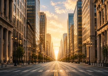 An empty financial-district street at dawn, evoking the quiet aftermath of the 2008 crisis that Bitcoin's whitepaper was born into.