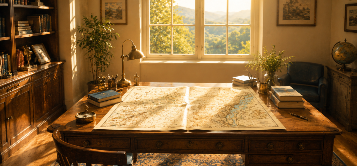 A wide view of a map-covered study desk in morning light, evoking the book's framing of this framework as "reading the human map."