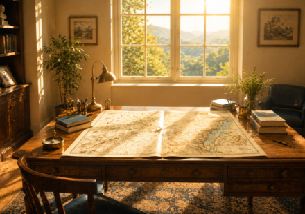 A wide view of a map-covered study desk in morning light, evoking the book's framing of this framework as "reading the human map."