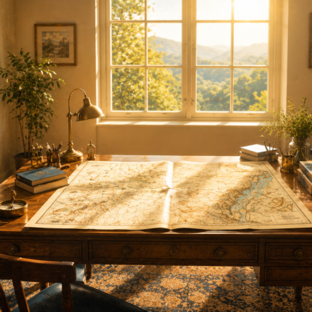 A wide view of a map-covered study desk in morning light, evoking the book's framing of this framework as "reading the human map."