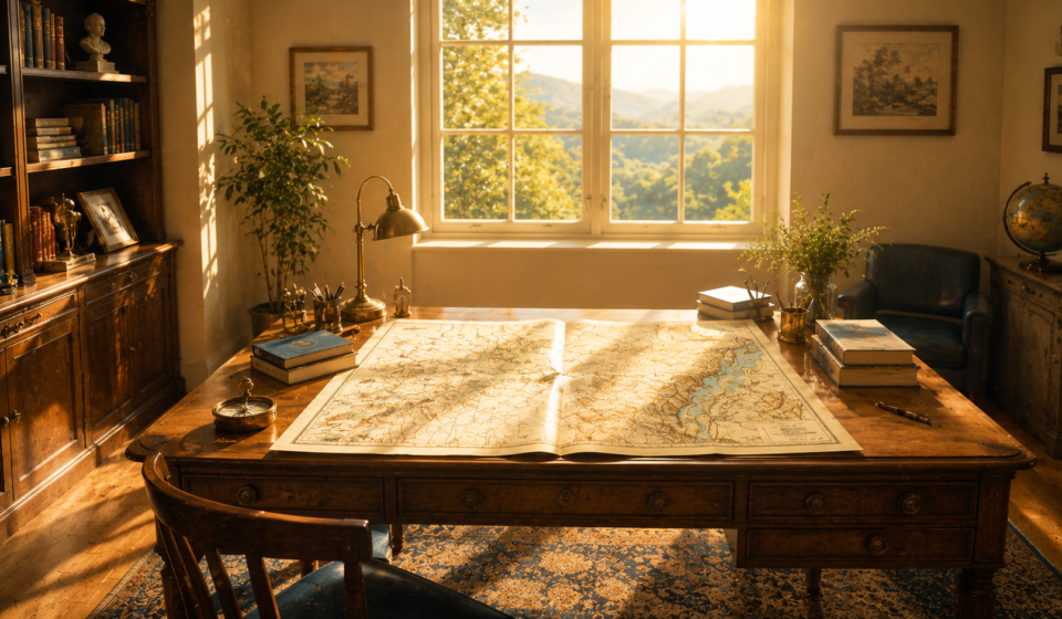 A wide view of a map-covered study desk in morning light, evoking the book's framing of this framework as "reading the human map."
