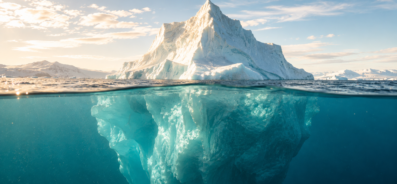 A real iceberg in bright daylight, its waterline clearly visible, embodying the Iceberg Model's central metaphor as a photographic scene.