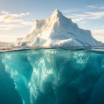 A real iceberg in bright daylight, its waterline clearly visible, embodying the Iceberg Model's central metaphor as a photographic scene.