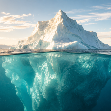 A real iceberg in bright daylight, its waterline clearly visible, embodying the Iceberg Model's central metaphor as a photographic scene.