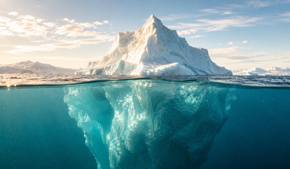 A real iceberg in bright daylight, its waterline clearly visible, embodying the Iceberg Model's central metaphor as a photographic scene.