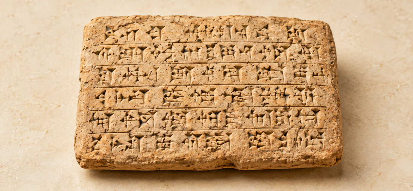 A brightly lit still life of an ancient clay tablet marked with cuneiform script, evoking the Uruk origin of writing traced in this piece.