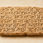 A brightly lit still life of an ancient clay tablet marked with cuneiform script, evoking the Uruk origin of writing traced in this piece.