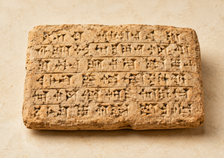 A brightly lit still life of an ancient clay tablet marked with cuneiform script, evoking the Uruk origin of writing traced in this piece.