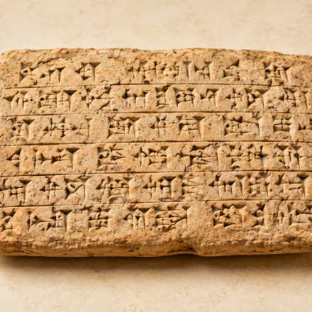 A brightly lit still life of an ancient clay tablet marked with cuneiform script, evoking the Uruk origin of writing traced in this piece.