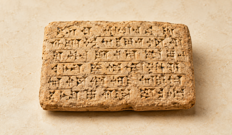 A brightly lit still life of an ancient clay tablet marked with cuneiform script, evoking the Uruk origin of writing traced in this piece.
