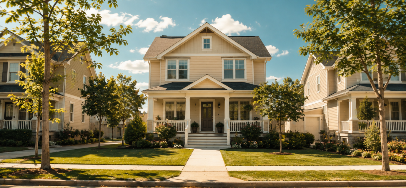 A quiet suburban street in bright daylight, evoking the everyday scale of the smartphone and housing loops this piece traces.