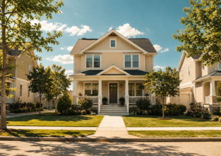 A quiet suburban street in bright daylight, evoking the everyday scale of the smartphone and housing loops this piece traces.