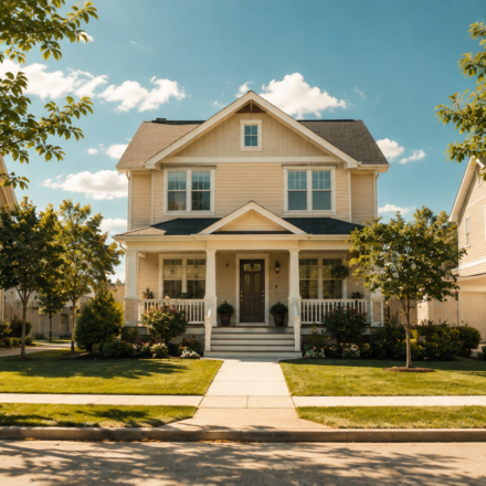 A quiet suburban street in bright daylight, evoking the everyday scale of the smartphone and housing loops this piece traces.