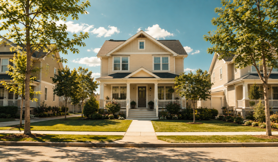A quiet suburban street in bright daylight, evoking the everyday scale of the smartphone and housing loops this piece traces.