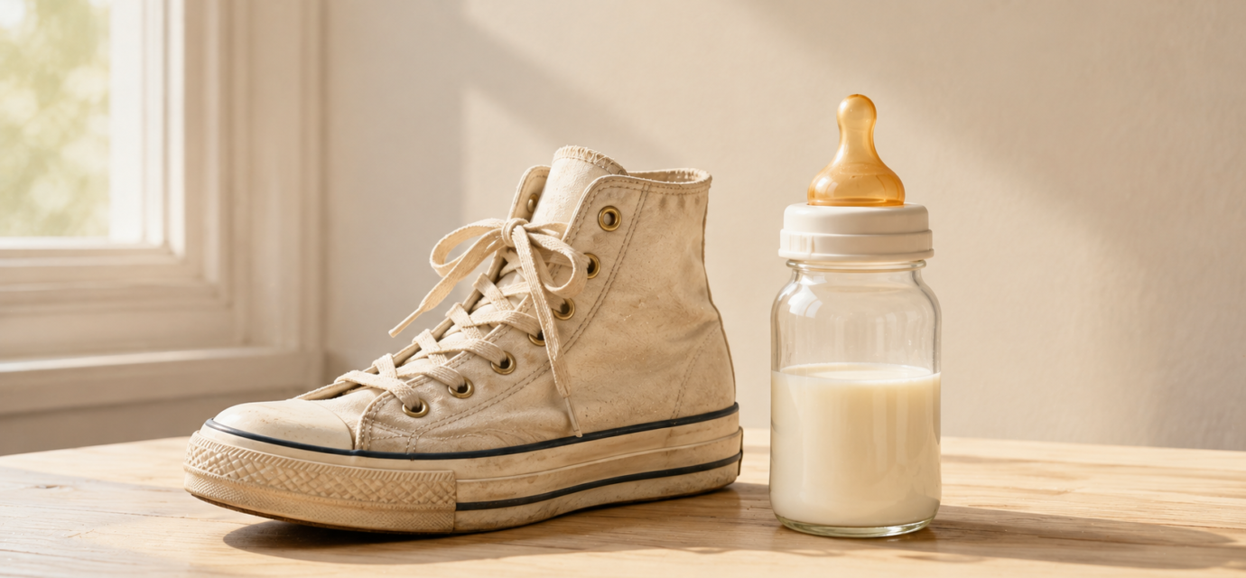 A vintage sneaker and a baby bottle placed side by side in bright light, visualizing the piece's comparison between identity-driven markets across life stages