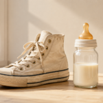 A vintage sneaker and a baby bottle placed side by side in bright light, visualizing the piece's comparison between identity-driven markets across life stages