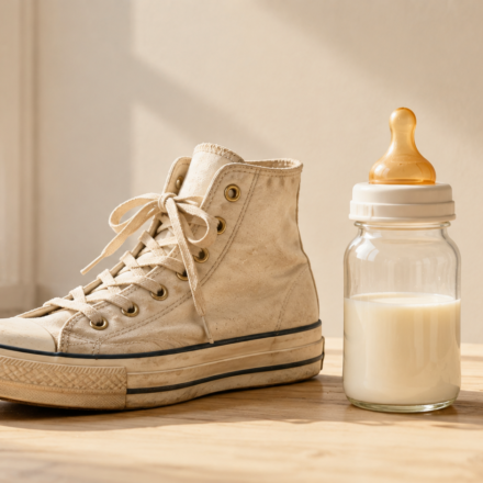 A vintage sneaker and a baby bottle placed side by side in bright light, visualizing the piece's comparison between identity-driven markets across life stages