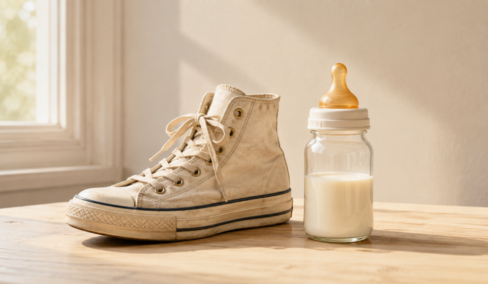 A vintage sneaker and a baby bottle placed side by side in bright light, visualizing the piece's comparison between identity-driven markets across life stages