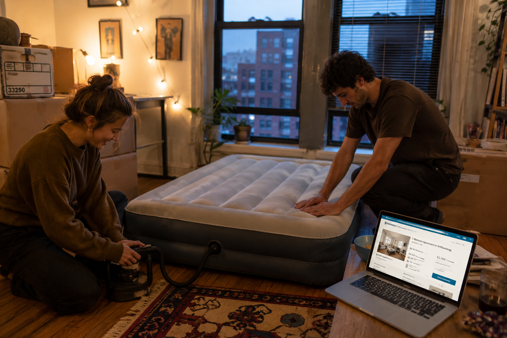 Two young roommates inflating an air mattress in a small apartment as a stand-in for the original Airbnb idea